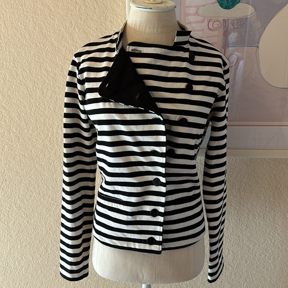 Agnès B. Paris Black & White Striped High Neck Cotton Jacket - Picture 4 of 12